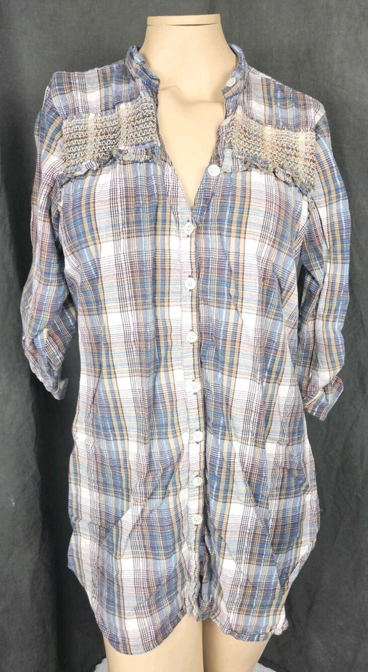 Wet Seal Plaid Shirt Dress XL Crochet Lace Trim Button Up Tunic Boho Grunge Y2K